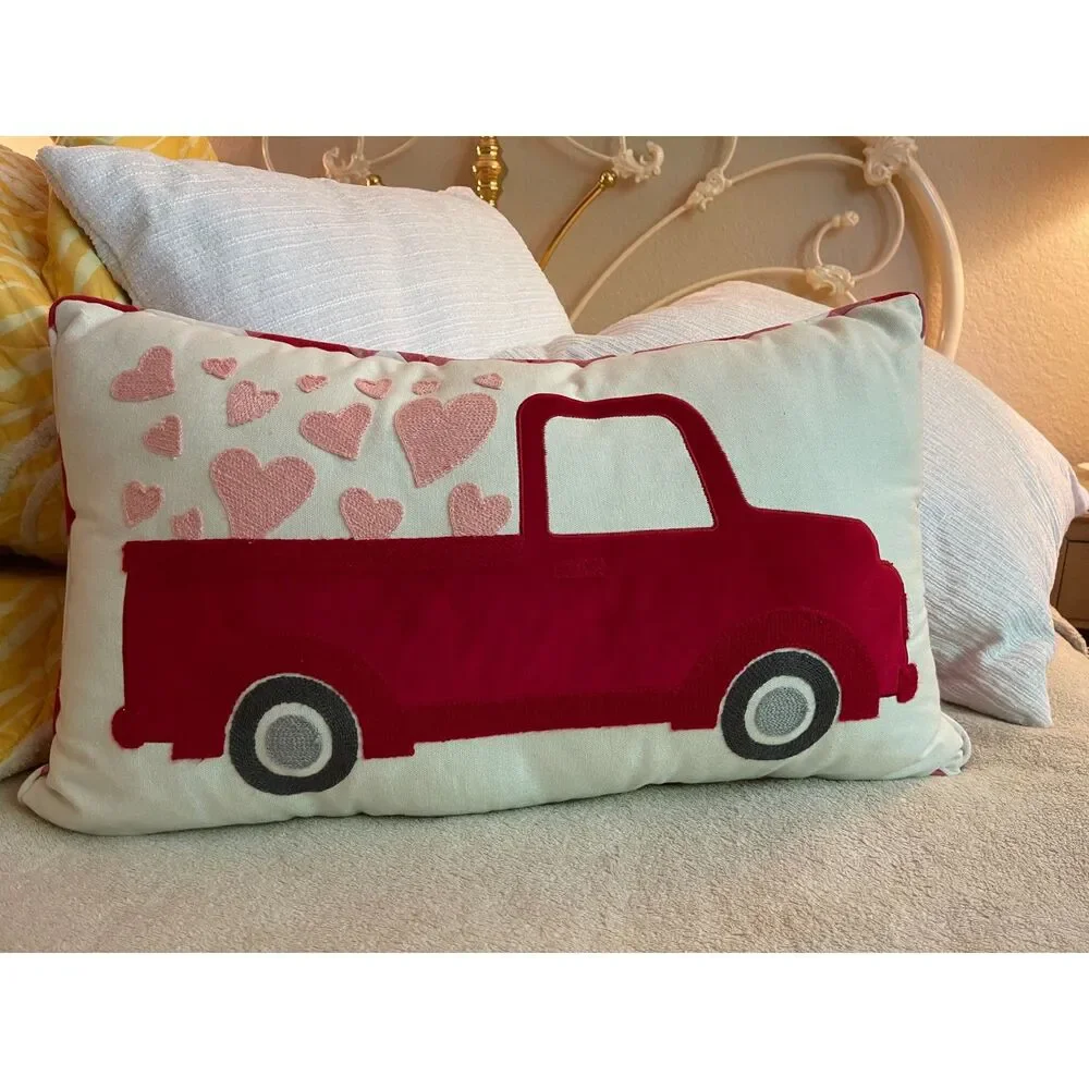 Red Canvas Pickup Truck Plaid Oblong Throw Accent Pillow ~Hearts 21